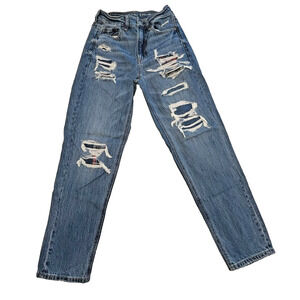 American Eagle Mom Straight Jeans Women Ripped Distressed Light Wash Plaid Sz 0